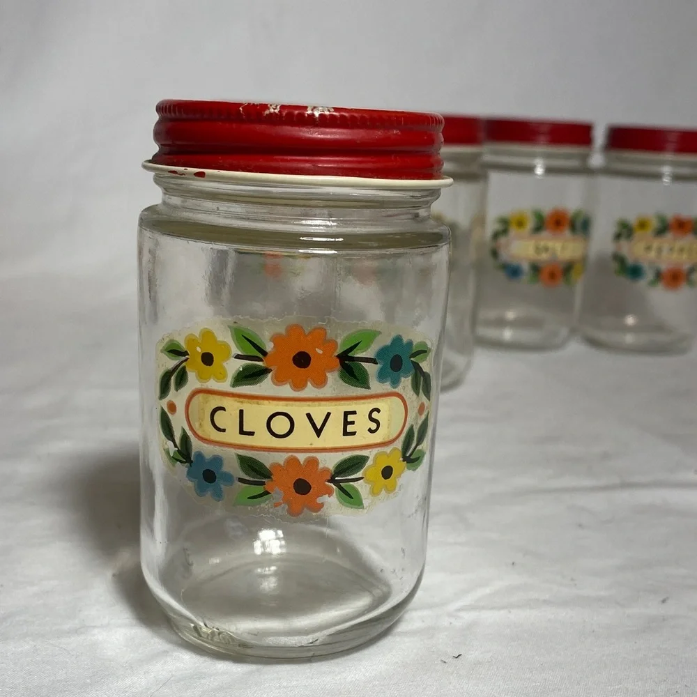 Vintage Set of 6 Glass Spice Jars with Red Metal Lids